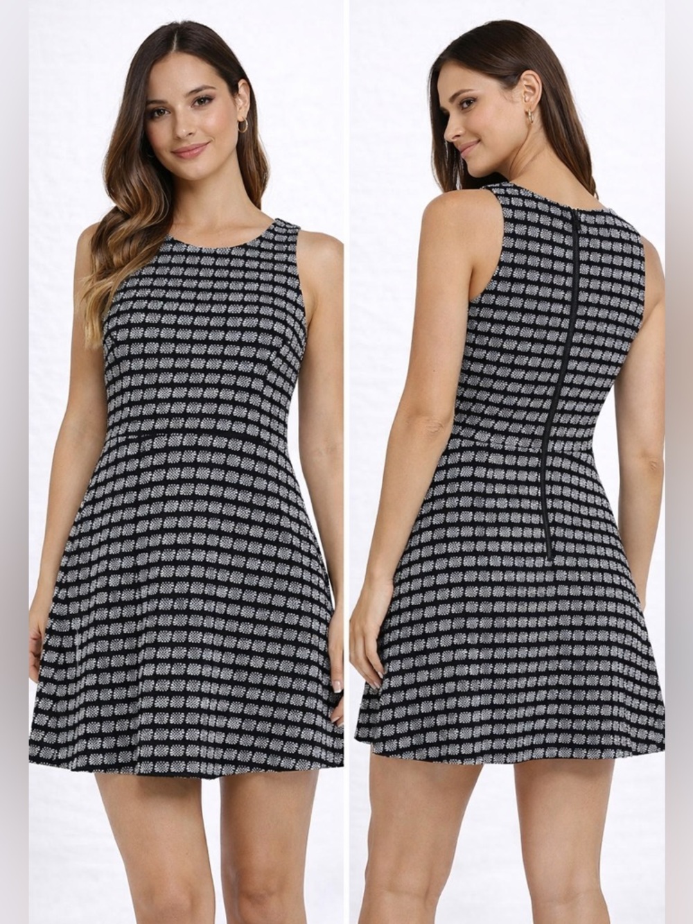 Milly Dress Textured Flare Black White Sleeveless Mini Business Size 6